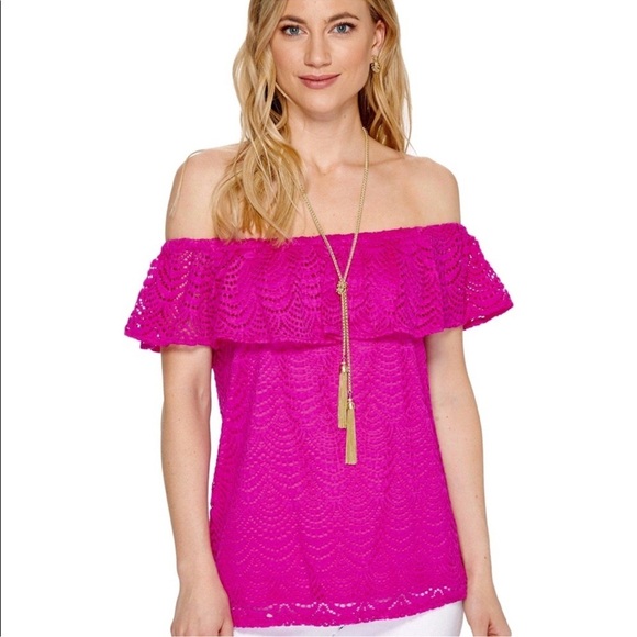 Lilly Pulitzer Pink La Fortuna Lace Top Small 25603 Soft Off the Shoulde… - Picture 3 of 14